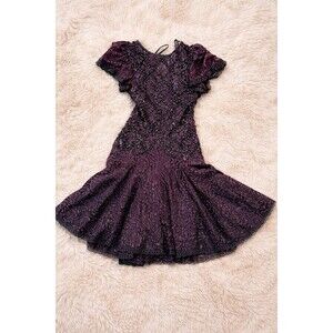 Vintage 80s Lace Sequin Party Dress Sweet Young HW USA Gothic Fit Flare 12